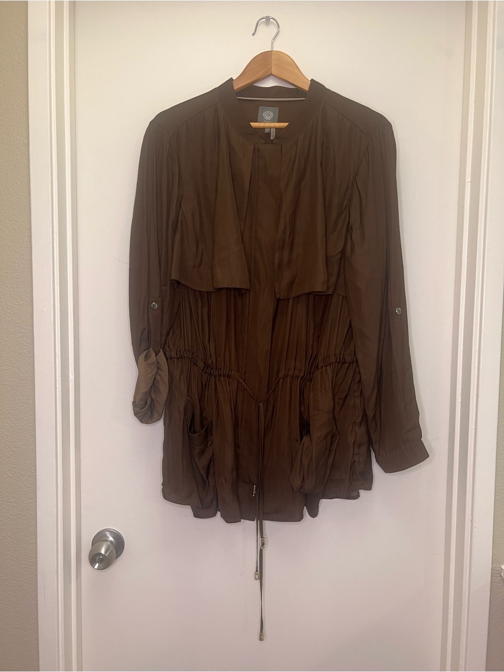 Vince Camuto Flowy Jacket 3X Brown Lightweight Ruffle Front cinched waist
